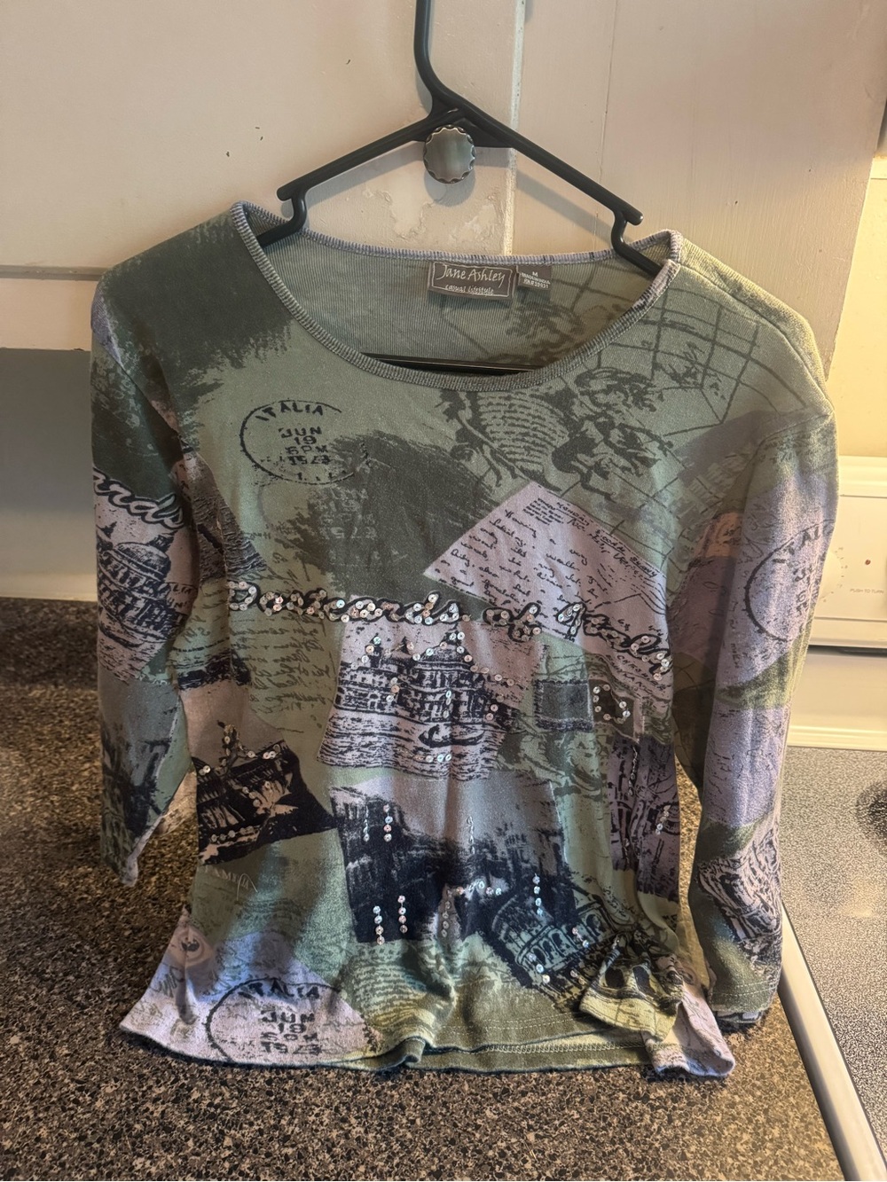 Y2K Jane Ashley Olive Green Printed Postcard Long Sleeve Top with Sequin Detail